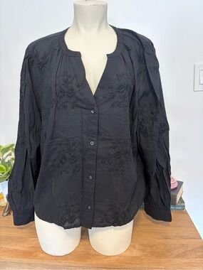 Black Embroidered Cotton Boho Blouse XL